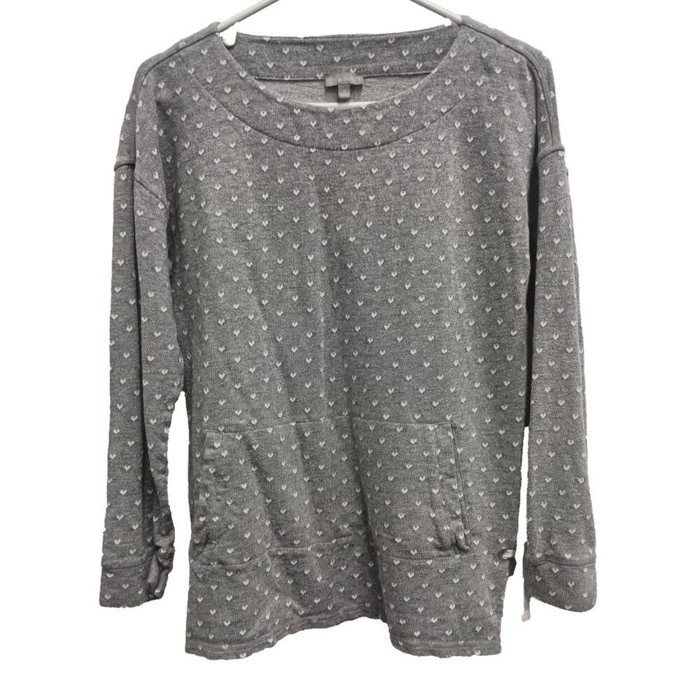 T By Talbots Womens Sweater Medium Gray Heart Print Long Sleeve Pullover Preppy